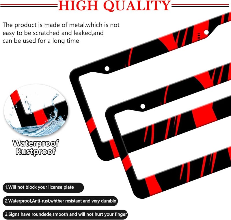 LIN KANG Red and Black License Plate Frames Holder - 2 Pack Black Red Aluminum Metal License Plate Frame Car Tag Frame Holder Front Rear Decorative with Screws Fasteners Caps - Image 4